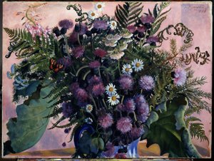 Bouquet de fleurs finlandaises.(芬兰花束）。鲍里斯-米哈伊洛维奇-库斯托季耶夫（Koustodiev）（1878-1927 年）的绘画，纸上水彩 作者 鲍里斯·米哈伊洛维奇·库斯托季耶夫