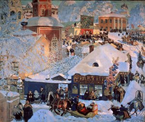 冬季，狂欢节（Winter, Schrovetide）。在一个外省小镇的雪地街道上举行传统节日活动。除了对小镇的建筑、成串的气球、鬃毛、酒馆门面和马拉雪橇的描述外，还有对节日庆典的描述。 作者 鲍里斯·米哈伊洛维奇·库斯托季耶夫