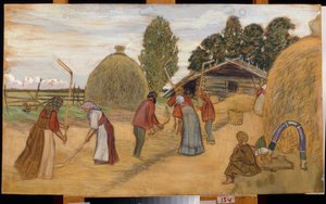 Threshing Floor - Boris Michaylovich Kustodiev（库斯托季耶夫）（1878-1927 年）的作品，纸板上的粉彩，59x100 厘米 作者 鲍里斯·米哈伊洛维奇·库斯托季耶夫