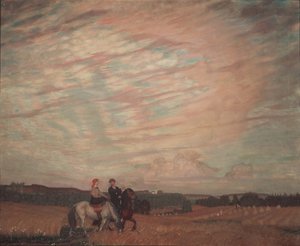 与妻子在马背上的自画像，1915年 作者 鲍里斯·米哈伊洛维奇·库斯托季耶夫