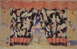 剧院戏剧的窗帘草图E. Zamyatin的《跳蚤》，1925-1926年 作者 鲍里斯·米哈伊洛维奇·库斯托季耶夫