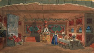N. Rimsky-Korsakov的歌剧《沙皇新娘》的舞台设计，1920年 作者 鲍里斯·米哈伊洛维奇·库斯托季耶夫
