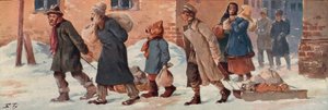 Soviet workers leaving their offices with their food rations (colour litho) 作者 鲍里斯·瓦西里耶维奇·兹沃里金