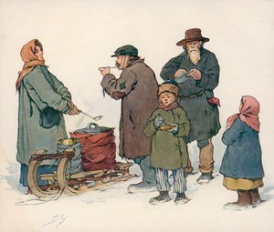 苏俄街头卖热汤的女人（彩色石版画）