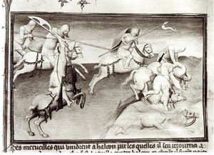 Le 2810女士蒙古族领导人Hulagu，Ilkhanate的汗在1262年追逐他的堂兄，伯克，Kipchak或金色部落的汗，迫使他进入一条河流，来自Livre des Merveilles du Monde，c.1410-