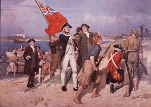 詹姆斯-库克船长在澳大利亚登陆（彩色平版印刷）。 作者 英国学校