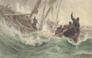 船长和他忠实的爱犬与失事船只一同沉没，船员逃生（彩色石版画） 作者 英国学校