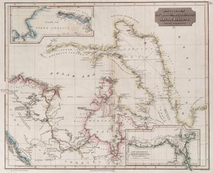 显示 1818-1827 年罗斯、帕里和富兰克林在北极发现的图表，约 1830 年（彩色雕刻） 作者 英国学校