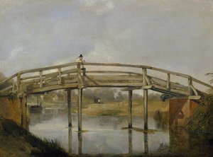 风景与河流和桥梁，c。 1830（布面油画） 作者 英国学校