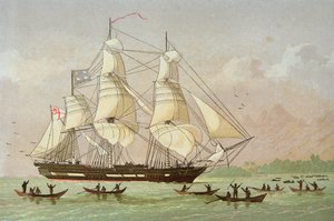 传教船“达夫”号抵达南海奥塔海特，由 Kronheim & Co. 出版（彩色平版印刷） 作者 英国学校