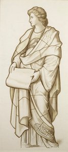 文学缪斯--彩色玻璃漫画，约 1890 年（纸面水彩画） 作者 英国学校