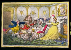 公司震惊于一位女士走向响铃，由詹姆斯·吉尔瑞（James Gillray，1756-1815）蚀刻，由Hannah Humphrey于1804年出版（手工蚀刻）