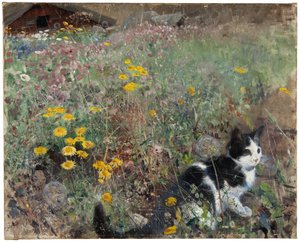 在一个用花装饰的草甸的猫，1887年