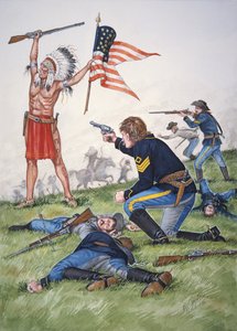 1876 年 6 月 25 日，在小比格霍恩战役中，一名苏族战士与美国骑兵第七团的对决，选自一套六幅肖像画。
