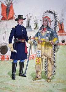 奥格拉拉苏族酋长红云在 1868 年《拉拉米要塞条约》签署仪式上向美国骑兵第 5 团的一名军官敬献和平烟斗，选自一套六幅肖像画。