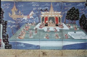 Ma 565 King Nimi在他的神圣战车中由英德拉派出并由天使马塔利领导，从1869年的Nimi Jataka出发，探访天空并找到了无与伦比的美女。 作者 缅甸学校