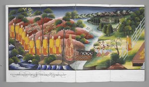 或13534，f.23 僧侣渡河，佛陀生平场景（羊皮纸） 作者 缅甸学校