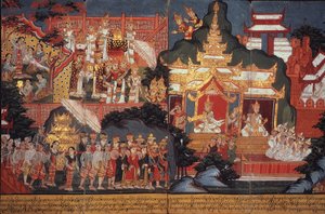 或 14297 fol.6-7 《未来佛的诞生》，约 1800-20 年（纸面水粉画） 作者 缅甸学校