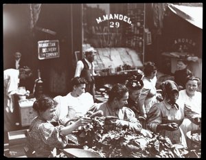 从1898年纽约海斯特街上的小贩购买蔬菜的妇女观（银色明胶印刷） 作者 Byron Company