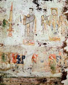 拜占庭艺术。"意大利Gaete（Gaeta）市的Eveque、神职人员和领主（patricius）出席的复活节蜡烛祝福仪式"，11世纪初 "Exultet "的微型画，博物馆。 作者 拜占庭