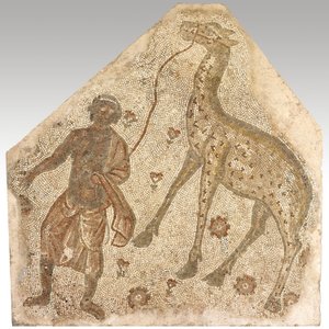 人牵长颈鹿的马赛克碎片，公元 401-500 年（砂浆中的石头） 作者 拜占庭