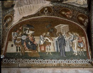 人口普查，马利亚和约瑟夫在希律大帝面前（1310-1320年的马赛克）。 作者 拜占庭