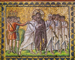 基督被使徒簇拥；他被罗马士兵抓住，6 世纪（马赛克）。 作者 拜占庭学派