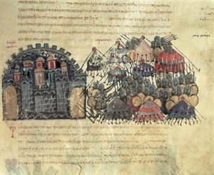 MMS Vitr.26-7 拜占庭人围攻墨西拿，选自马德里 Skylitzes（牛皮纸） 作者 拜占庭学派