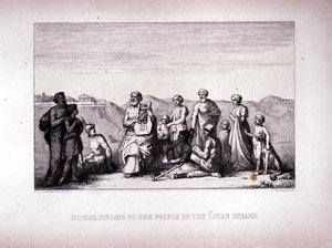 荷马在1849年由B.Barloccini雕刻的Chian Strand上的人民唱歌