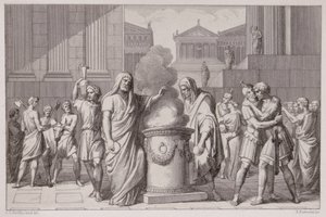 1849年由B.Barloccini雕刻的高卢撤退后的Camillus和Manlius会议