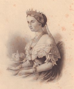 欧亨尼娅-德-蒙蒂霍-德-古斯曼（1826-1920）的肖像，法国皇后，拿破仑三世-波拿巴的妻子，W-韦尔斯托德的雕刻作品，来自美国的《女士资料库》，约1870年。 作者 JB 和 Brown J. 和 Rowbotham