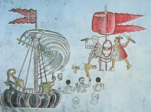 1519年，埃尔南-科尔特斯的西班牙士兵涉水上岸与阿兹特克人作战，抄自《阿兹卡特兰法典》，约1550年（彩色平印）。 作者 JB 和 Brown J. 和 Rowbotham