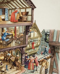 伊丽莎白时代的城镇景观（水粉画，纸本） 作者 CL 道蒂