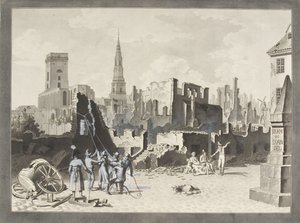 1807 年 9 月英军轰炸后的乌尔费尔特广场，现名格拉布罗德雷托夫（Gråbrødretorv 作者 克里斯托弗·威廉·埃克斯伯格