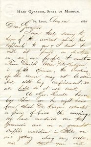 1863年8月12日密苏里州圣路易斯总部给州长[汉密尔顿-R-甘布尔]的信，署名C.C.贝利。 作者 抄送贝利