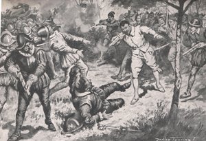 海军上将一行人迎头冲向维拉克鲁斯卫队，插图选自《英国海陆战役》，伦敦卡塞尔出版社出版，约 1910 年（平版）。 作者 C·达德利·坦南特