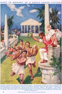 马拉松：纪念希腊伟大胜利的比赛，插图来自“纽尼斯知识图画书”（彩色平版印刷） 作者 C·达德利·坦南特