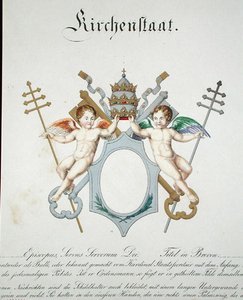 梵蒂冈教会国家的徽章，摘自在德国出版的水彩画集，约1830-33年（彩色平印）。 作者 希尔德布兰特