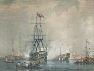 HMS胜利在朴茨茅斯港发起皇家礼炮，1947年由柯林斯出版的英国冒险剧 作者 CJM瓦特洛