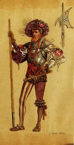 An Armoured Courtier，As You Like It的服装设计，由R.Courtneidge在曼彻斯特王子剧院制作。 作者 C.威廉