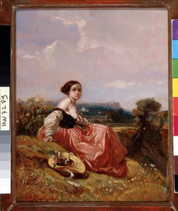 卡米尔·罗克普兰（Camille Roqueplan，1803-1855）在圣山维克多瓦绘画前戴帽子的年轻女孩。 18x23 厘米 强制提及：收藏基金会致敬普罗旺斯、马赛