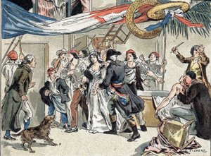 1793 年让-保罗-马拉被谋杀后，夏洛特-科代被捕。卡米尔-吉尔伯特 1890 年绘制的插图。 作者 卡米尔吉尔伯特