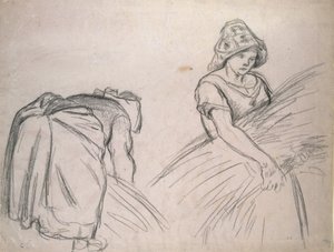 两个女性收割机的研究，1882年（粉红色纸上的黑色粉笔与白色） 作者 卡米尔·雅各布·毕沙罗