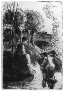 Vachere au Bord de Leau，水旁的牛郎，c1850-1900 1924年 作者 卡米尔·雅各布·毕沙罗