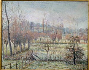 Eragny 的白霜、早晨或雪效果。 卡米尔·毕沙罗 (Camille Pissarro) 的绘画 (1830-1903) 作者 卡米尔·雅各布·毕沙罗