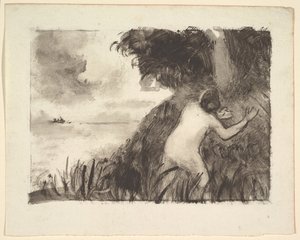 沐浴者站在岸边的草丛中，ca。 1894年。 作者 卡米尔·雅各布·毕沙罗