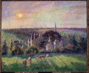 埃拉格尼的风景、教堂和农场 绘画 Camille Pissarro (1830-1903) 1895 年 0,6x0,73 m 巴黎，奥赛博物馆 - Eragny、教堂和农场的景观。 卡米尔·毕沙罗 (Camille Pissarro) 的绘画 (1830-1903) 作者 卡米尔·雅各布·毕沙罗