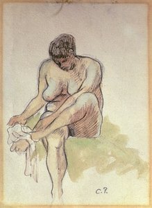擦拭左脚的裸女（纸上铅笔、水墨、钢笔和棕褐色墨水） 作者 卡米尔·毕沙罗