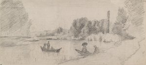 有船的河流景观研究，1863-1864年 作者 卡米尔·毕沙罗