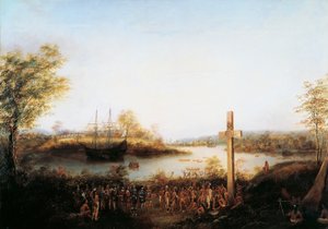 雅克-卡蒂尔（1491-1557）在魁北克市现在所在的斯塔达科纳竖起十字架